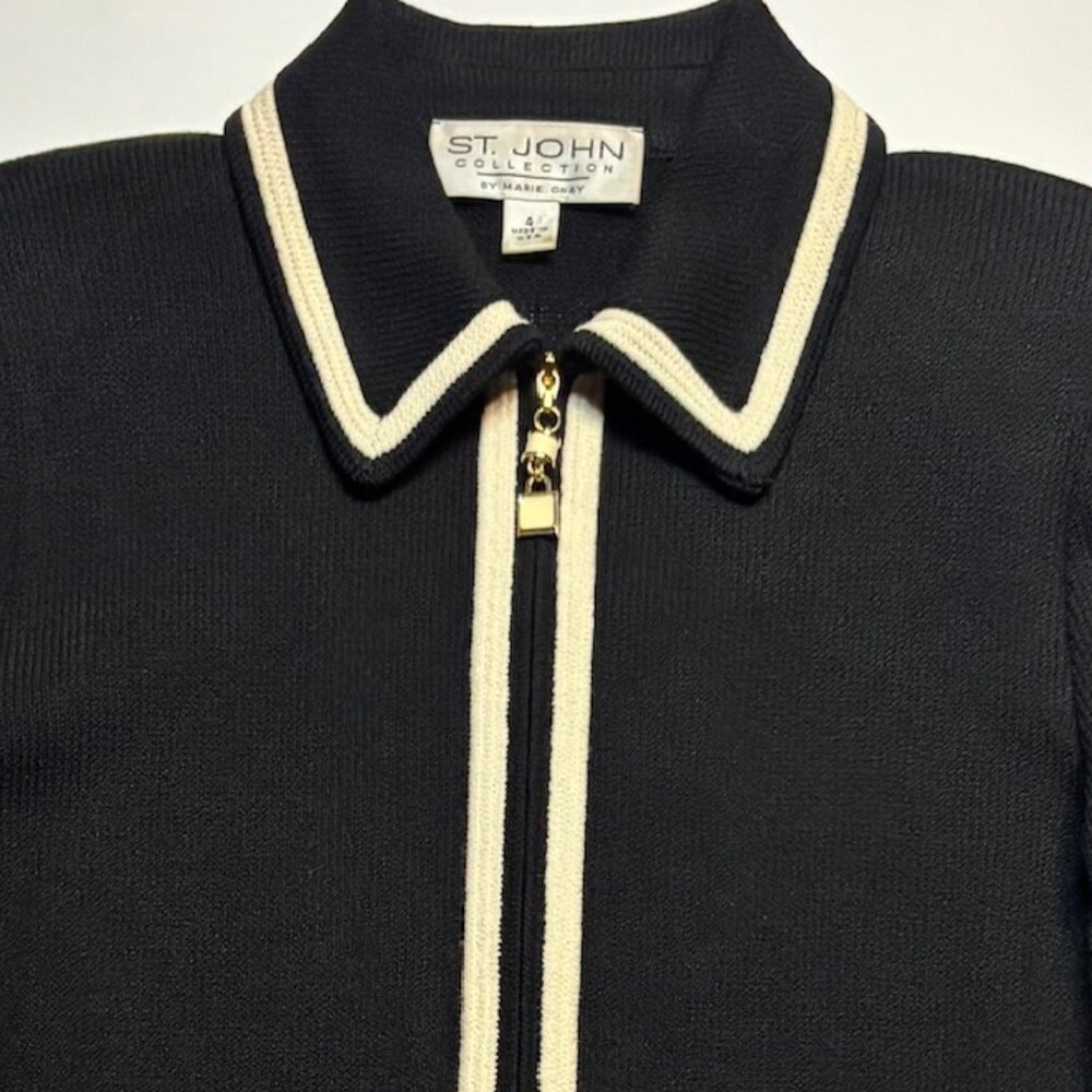 St. John Collection Black Knit Jacket with Ivory Trim – Size 4